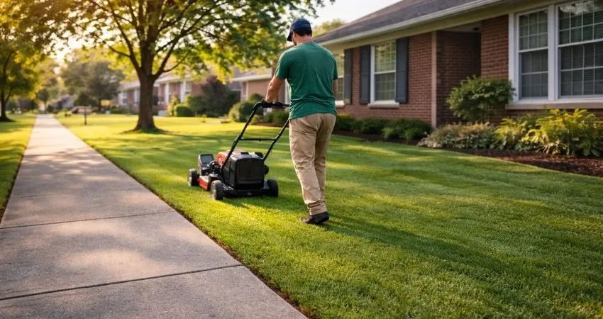Professional lawn mowing service in Christian Park Indianapolis with freshly cut residential lawn