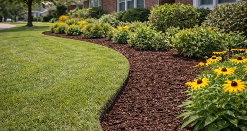 Freshly redefined landscape bed with clean edge and mulch at residential property in Indianapolis Indiana
