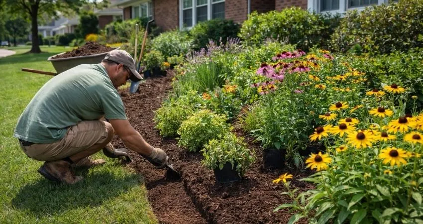 Professional landscaper installing native perennial garden and mulch bed in Indianapolis Indiana