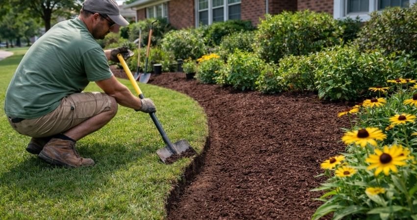 Landscaper redefining landscape bed edge and cutting clean border at residential home in Indianapolis Indiana