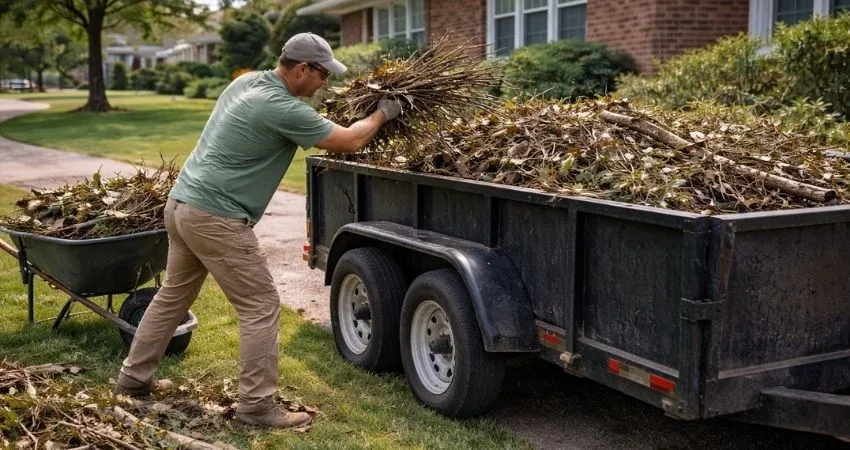 Landscaper loading branches and yard debris into trailer for removal in Indianapolis Indiana