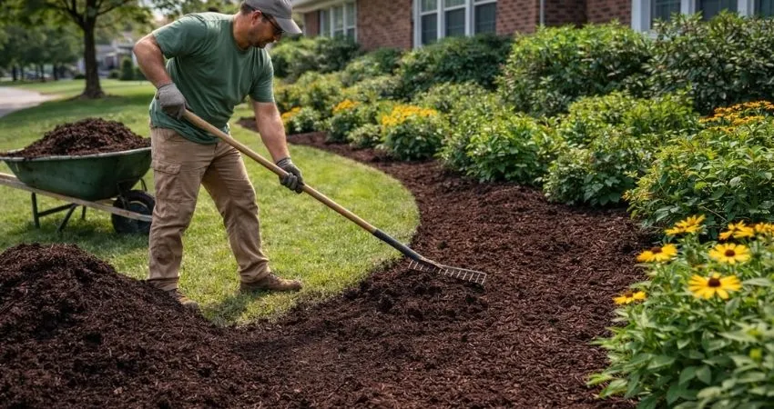 Landscaper spreading fresh mulch in landscape bed at residential home in Indianapolis Indiana