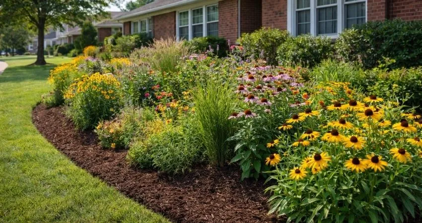 Native pollinator garden installation with coneflowers and black eyed susans at residential home in Indianapolis Indiana