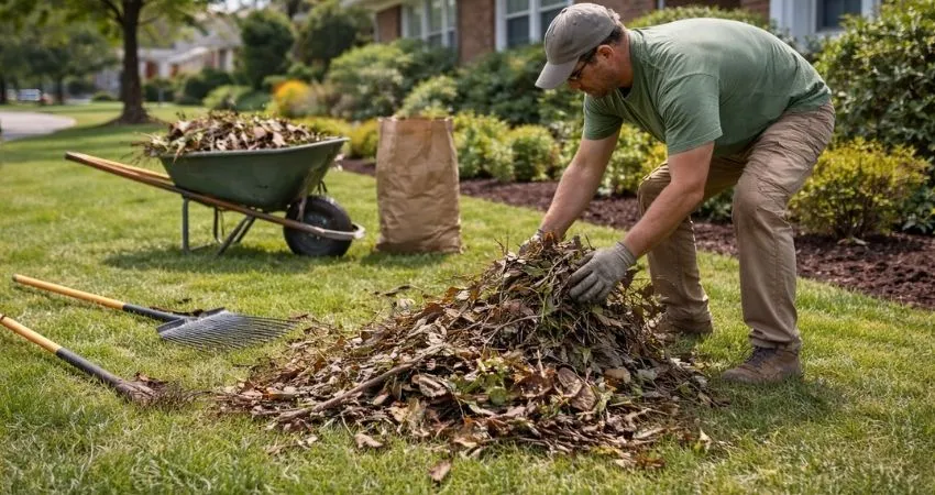 Landscaper removing leaves and yard debris at residential property in Indianapolis Indiana